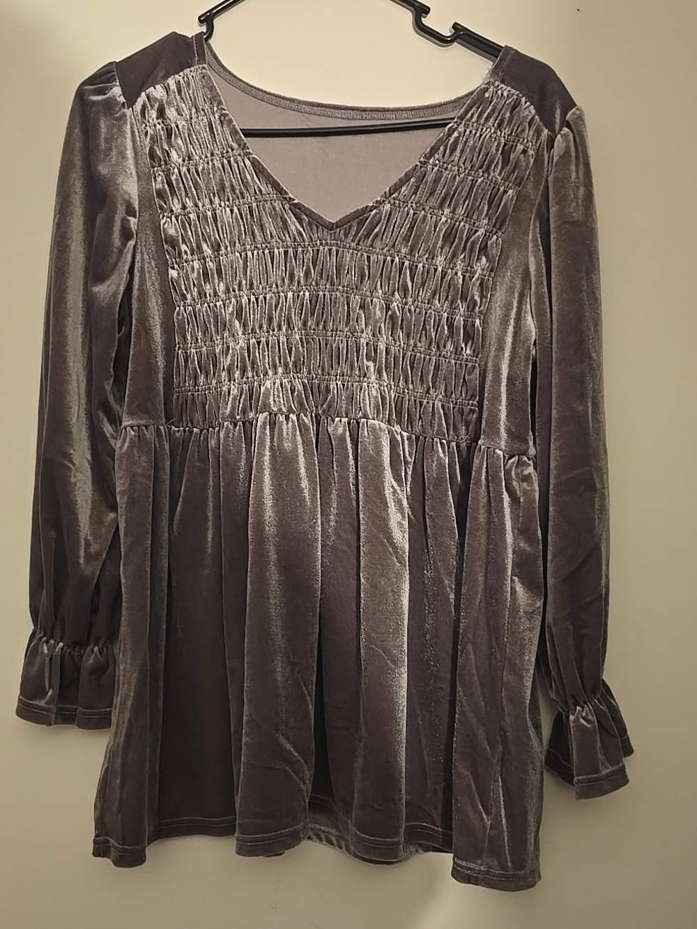 Velvet Smocked V-Neck Tunic Top - Gray